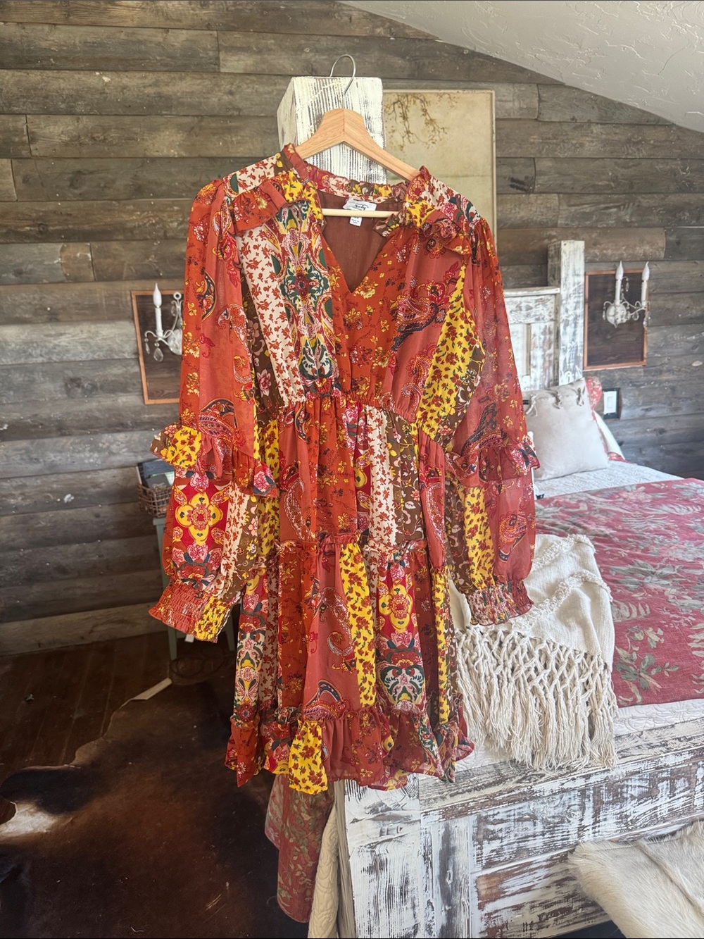 Boho Floral Ruffle Mini Dress - Rust Multi
